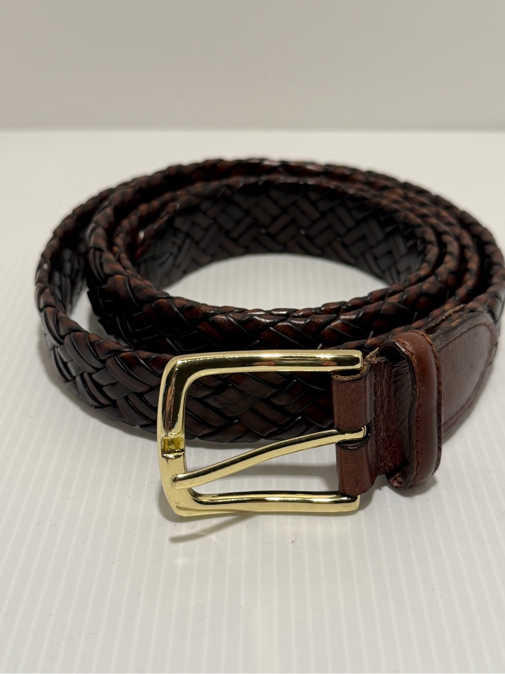 VTG 80s 90s Men's Brown Braided Leather Belt Gold Buckle Size‎ 44 Retro Preppy